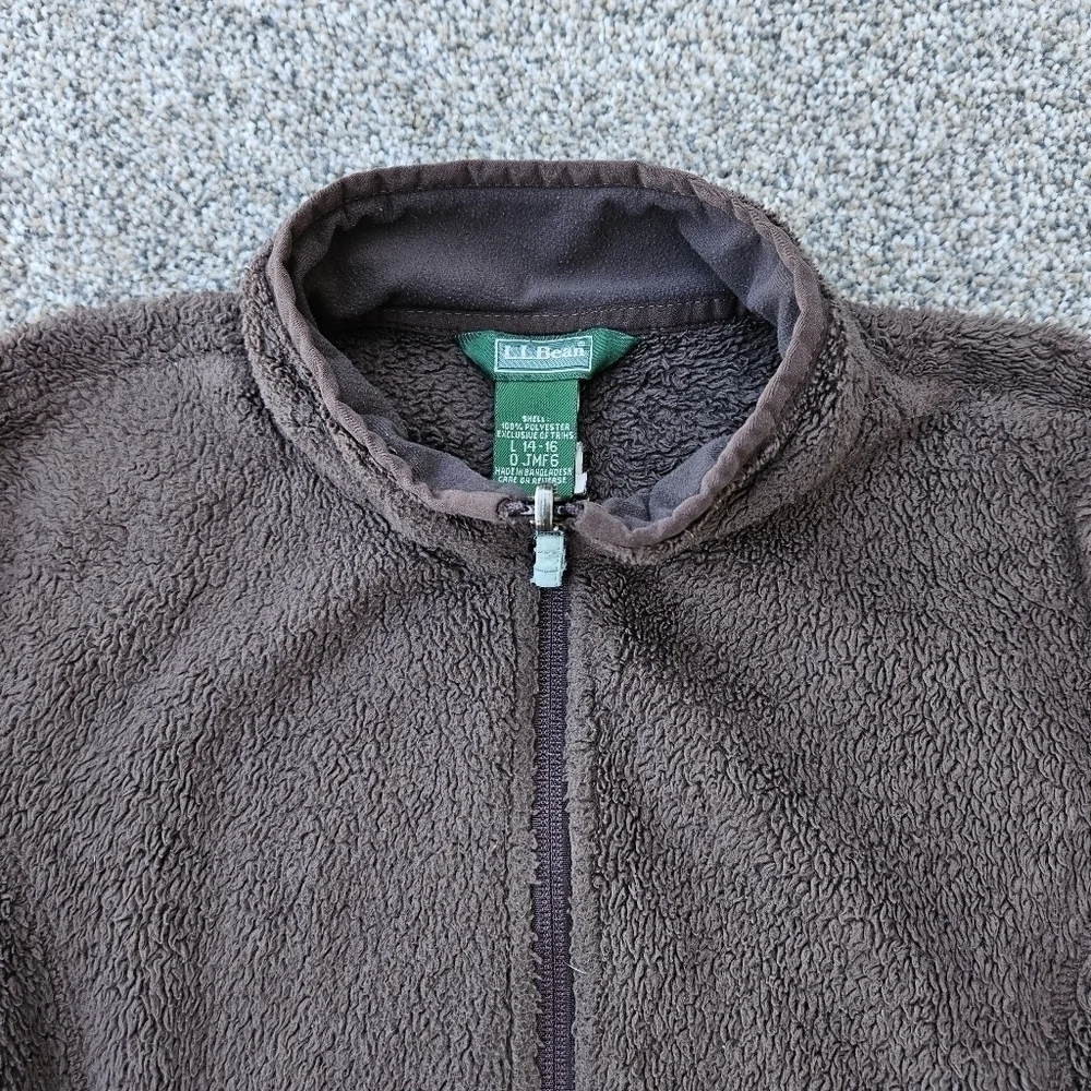 LL Bean Sherpa Fleece Brown Full Zip Jacket Sweatshirt Vintage Youth L 14-16